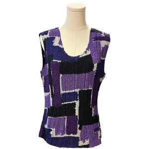 Rafael Womens Top M Purple Design Sleeveless Crinkle Stretch Satin Tank Pullover